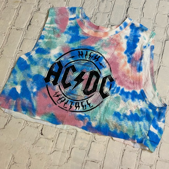 Women’s tie dye AC/DC crop top rock ‘n’ roll concert M tank top punk rave hippie - Picture 1 of 6